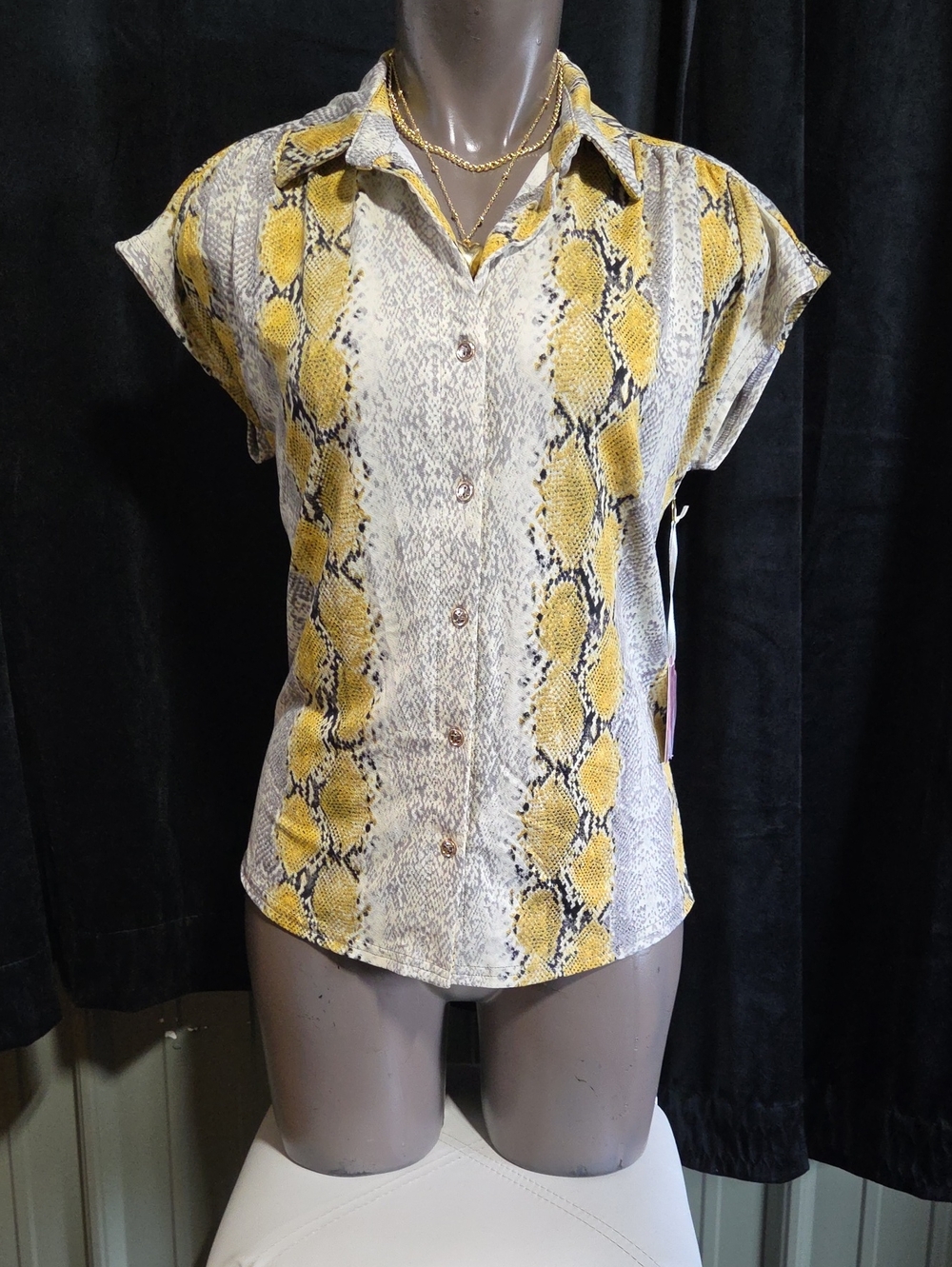 Yellow Snake-Print Short Sleeve Button-Up Women's Shirt